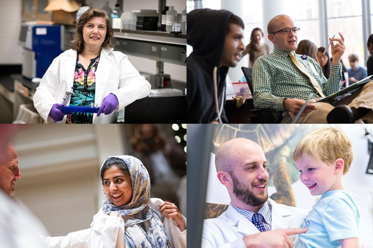 A collage of photo featuring a doctor, researcher, and medical and nursing students.